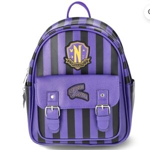 Wednesday Addams Nevermore Academy Women's Striped Mini Backpack, Purple/Black